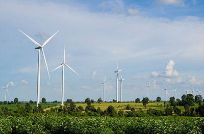 Landscape photo showing modern windmills
